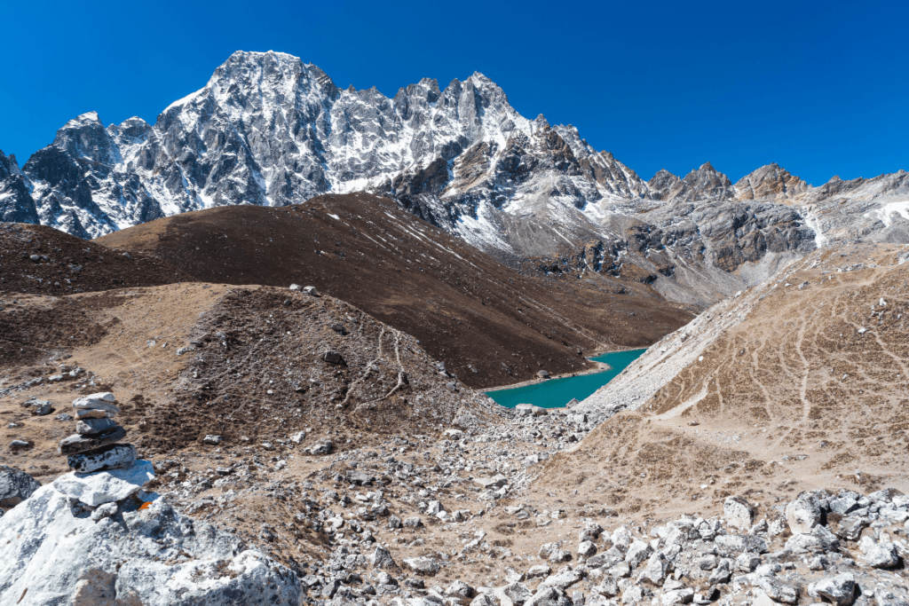 Everest Gokyo Lake. Trekking trail to Gokyo village with Gokyo lake in Everest base camp trekking route, Himalaya mountains range in Nepal