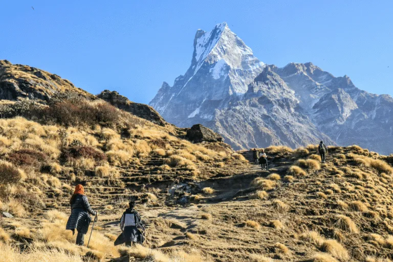 Trekkers and Mardi himal in the background