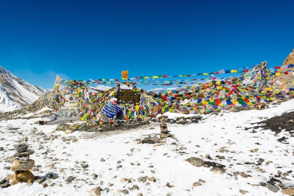 Thorong La pass 5416m, highest point of Annapurna circuit trek.