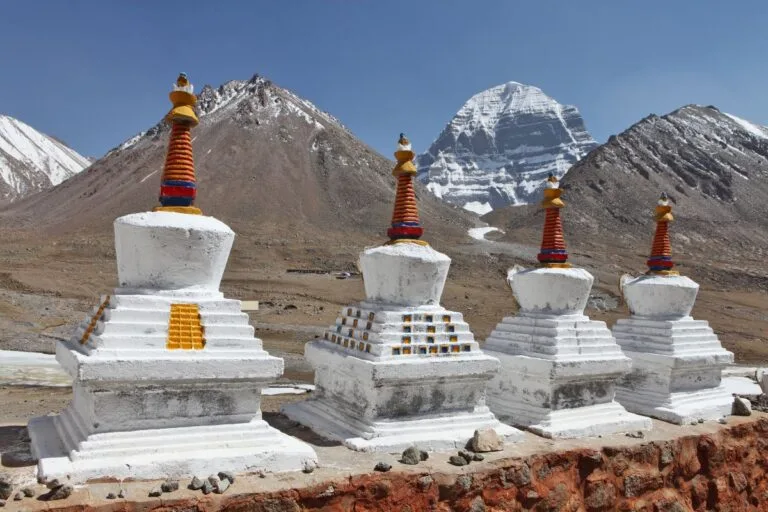 Buddhistic stupas and holy Mount Kailash in Tibet