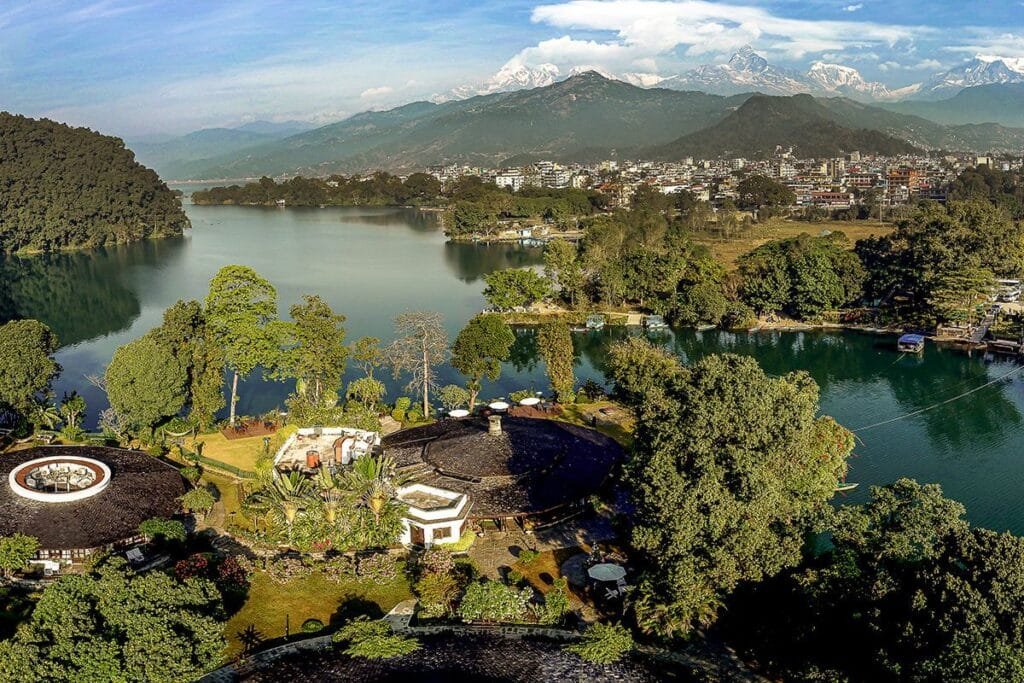 View of Mountain, Lake from Fishtail Lodge by Annapurna