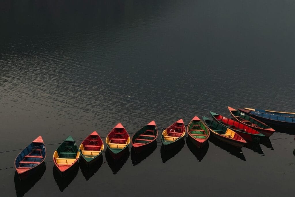 Wooden boats in Phewa Lake, Pokhara, Nepal