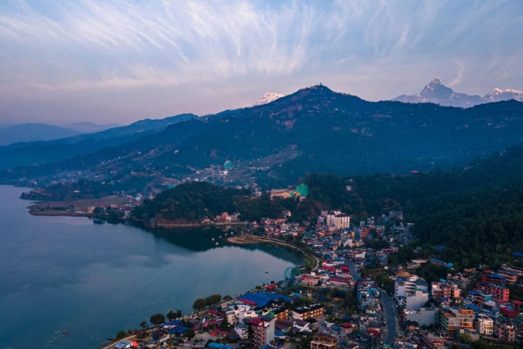 Pokhara, Phewa lake city in the evening