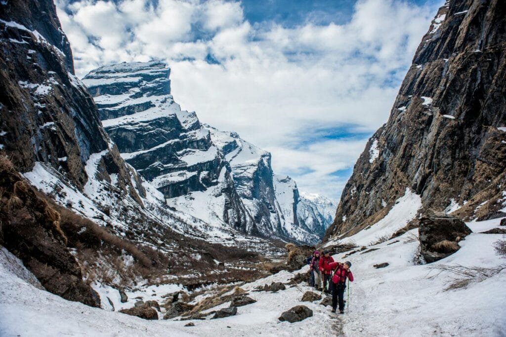 Hikers Traversing the Snowy Mountains of Nepal