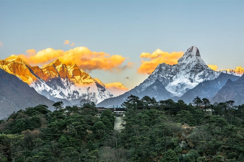 view of Ama Dablam, Mt. Everest, and Hotel Everest View
